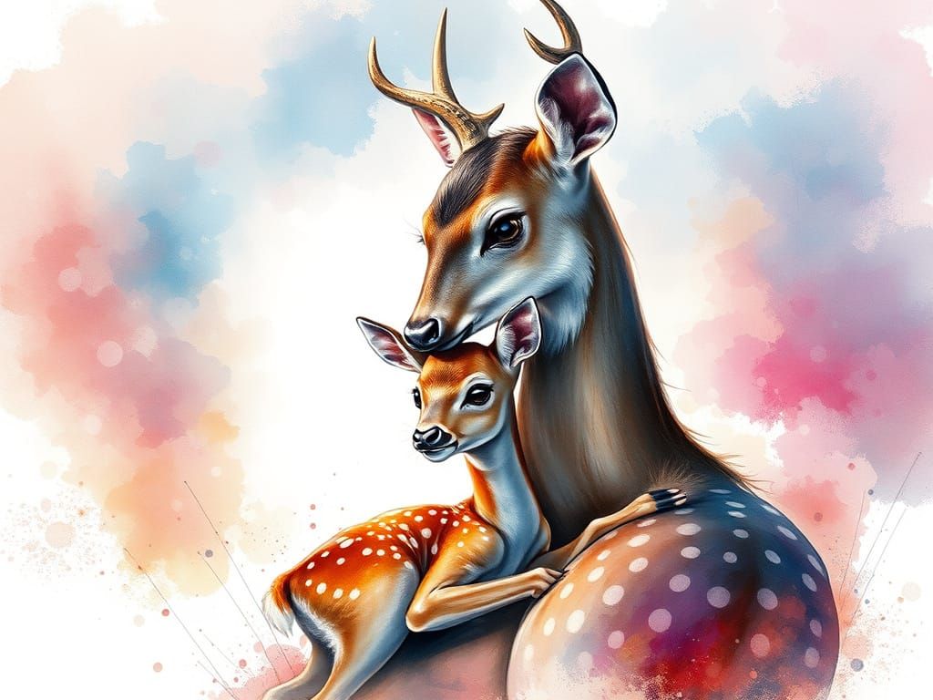 Doe and Fawn in Expressive Watercolor Style