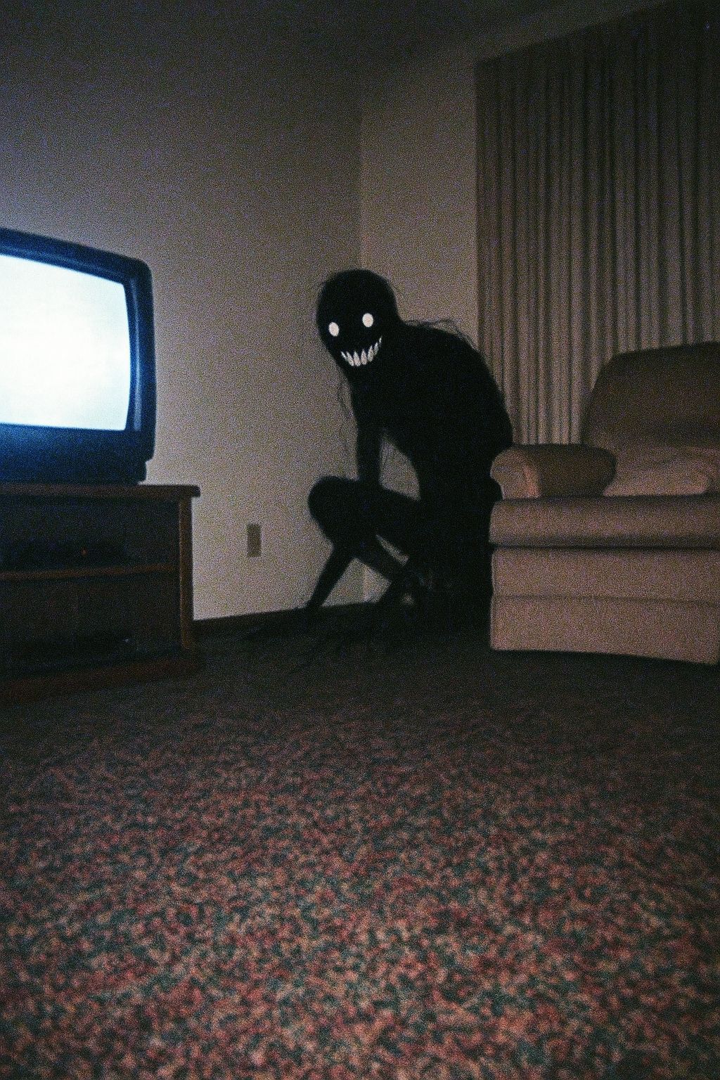 Inky Monster Grinning at TV in Liminal 80s Living Room