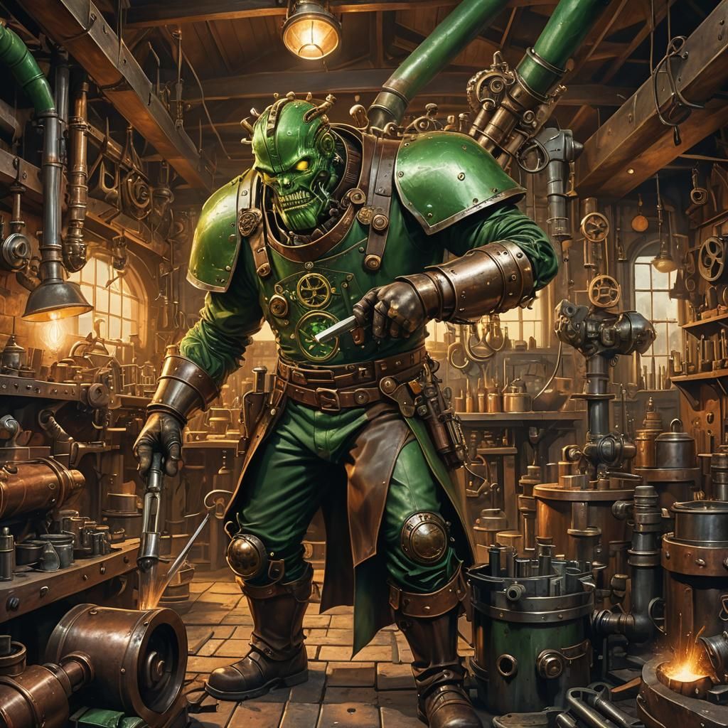 Green Giant Blacksmith in Steampunk Workshop