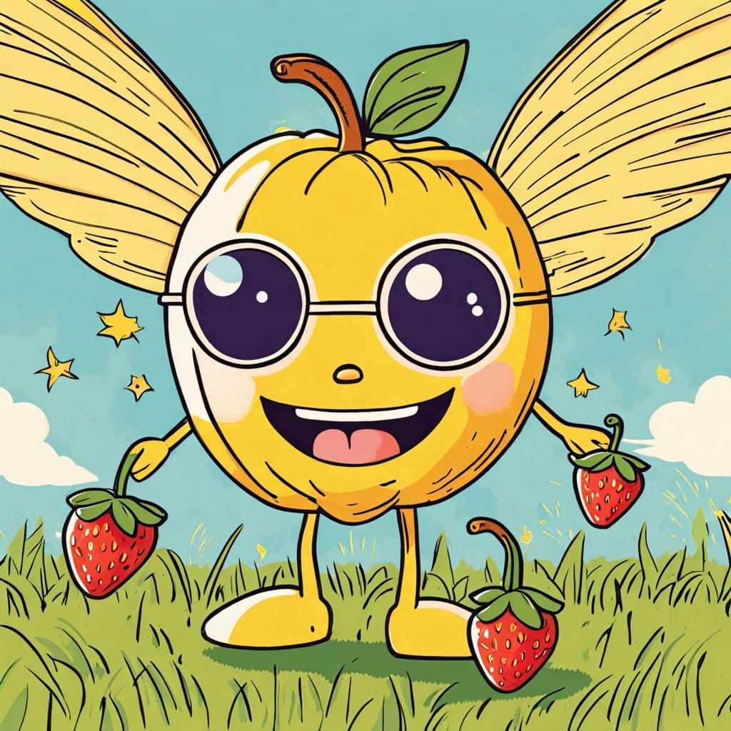 Whimsical Fruit Friends Soar in Colorful Summer Scene