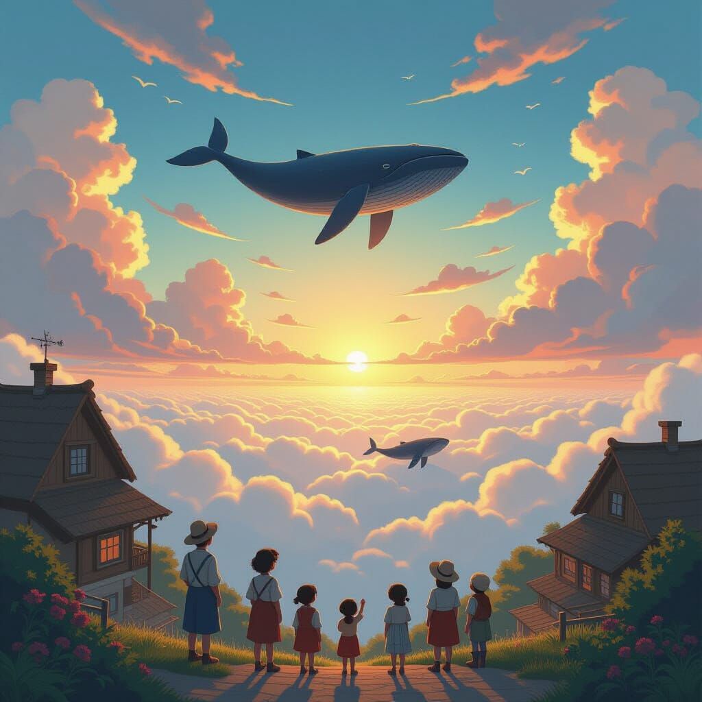 Ocean Above the Clouds: Whimsical Village Scene