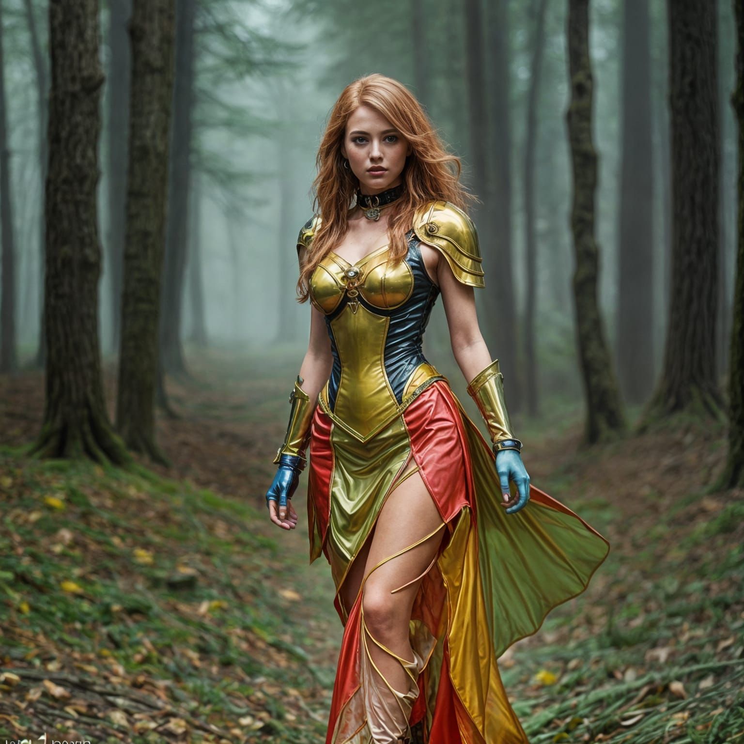 Hyperrealistic Woman in Colorful Armor in Foggy Forest