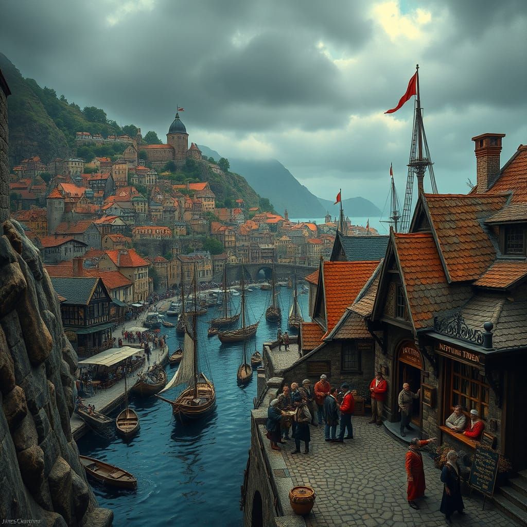 Medieval Port City with Sailing Ships in Moody Oil Painting ...