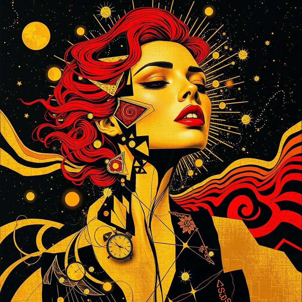 Dada Collage of a Red-Haired Woman in Neon Gold