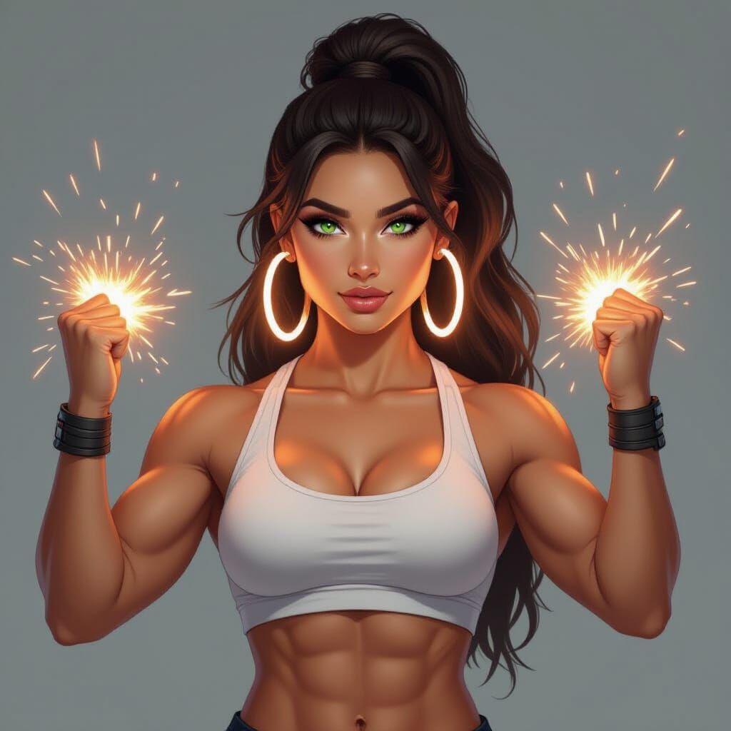 Muscular Woman with Laser Eyes and Fiery Hands