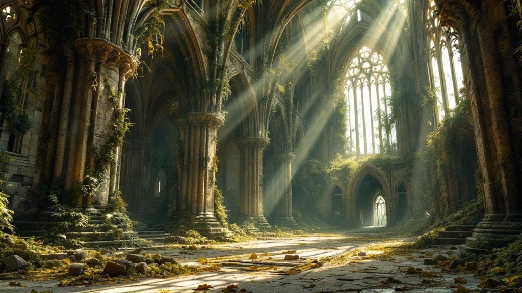 Abandoned Gothic Cathedral with Sunlight Fractals