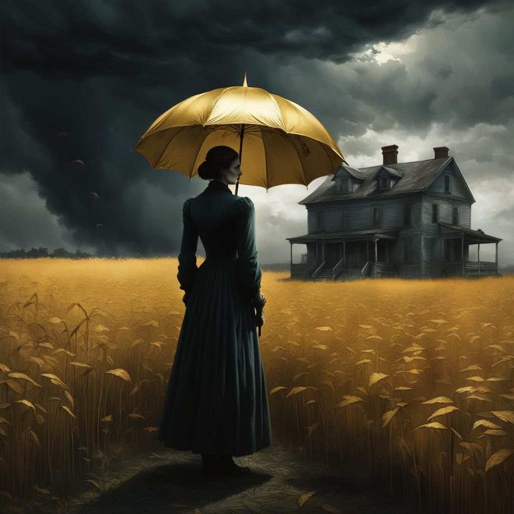 Woman with Golden Umbrella in Ominous Landscape