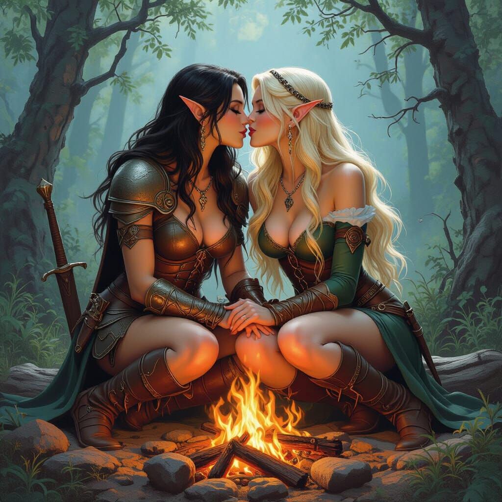 Fantasy Women Share a Kiss by Campfire, Frazetta Style