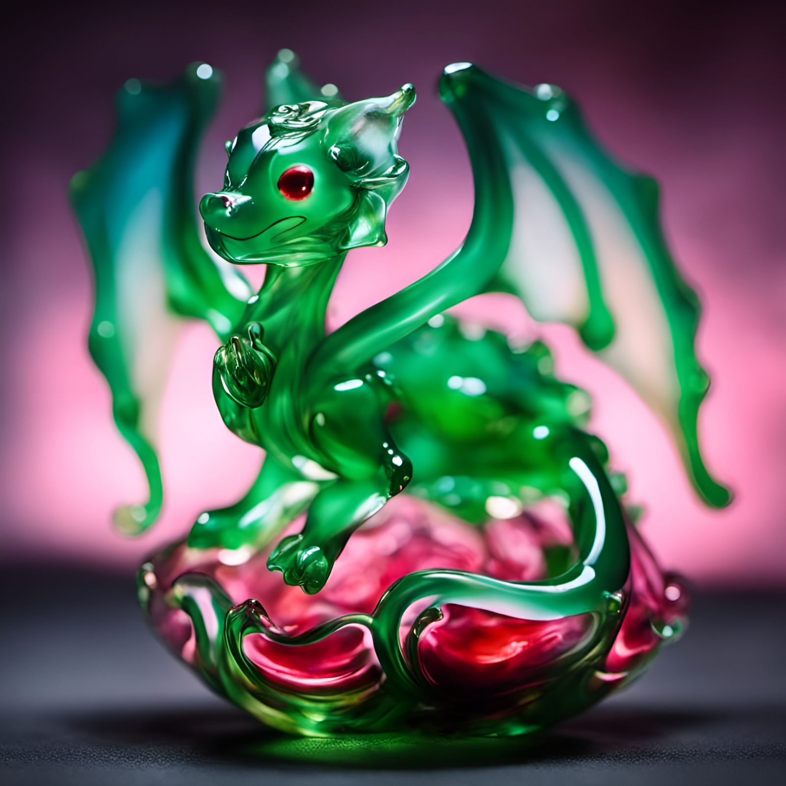 Luminescent Blown Glass Dragon on Rose Background