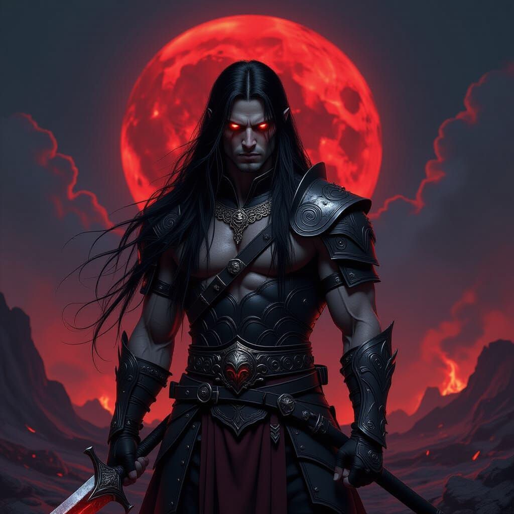Vampire Warrior in Volcanic Wasteland Under Blood Moon