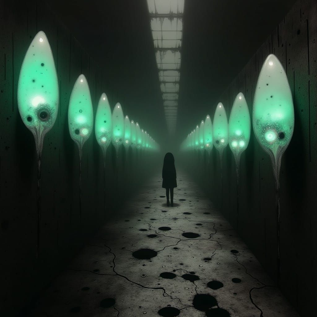 Eerie Abandoned Warehouse with Bioluminescent Alien Pods