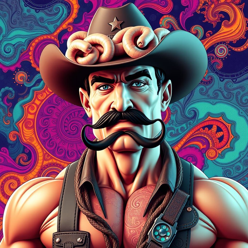 Muscular Cowboy with Wiener Sausage Hair in Abstract Style