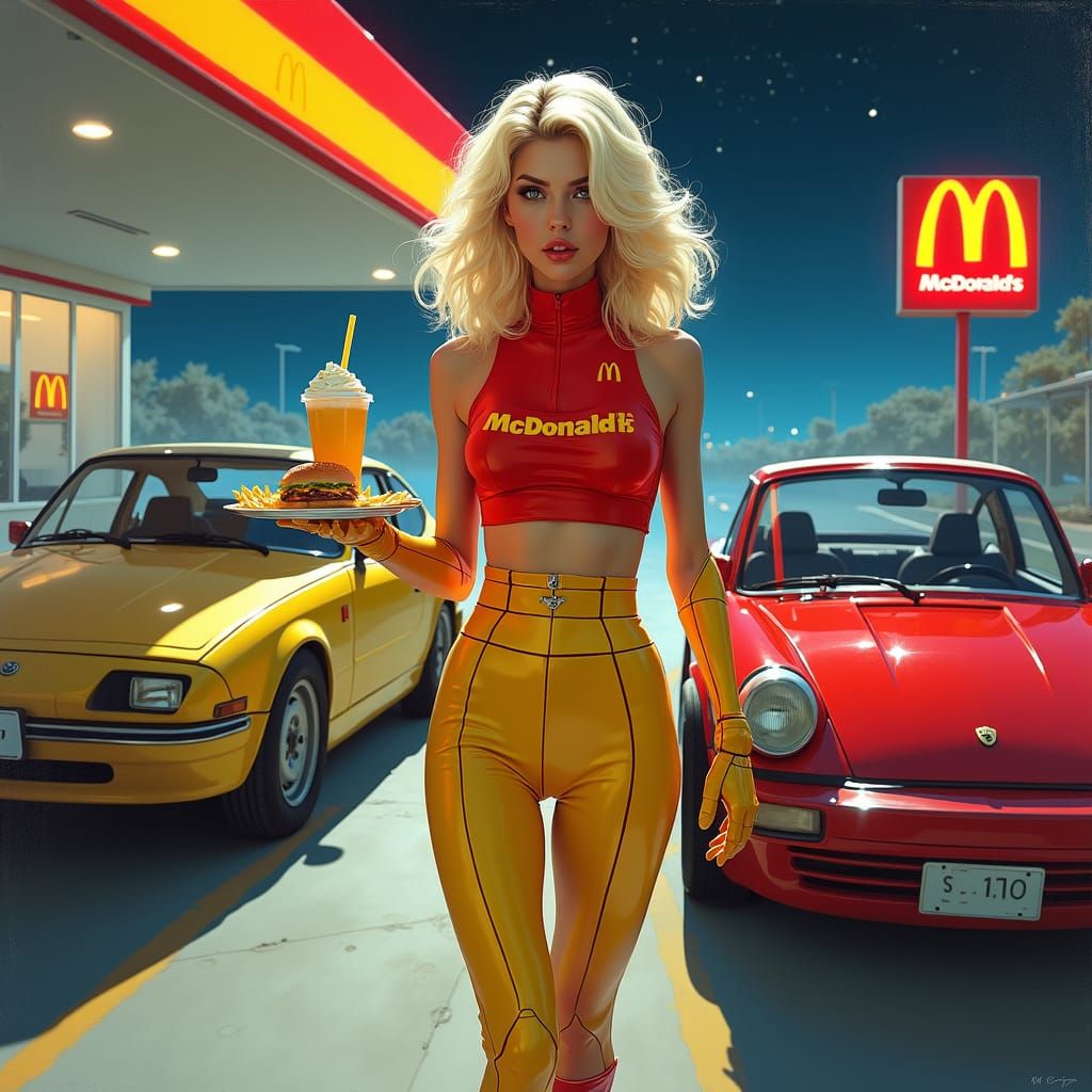 Cyberpunk Cyborg in 80s McDonald's, Vaporwave Style