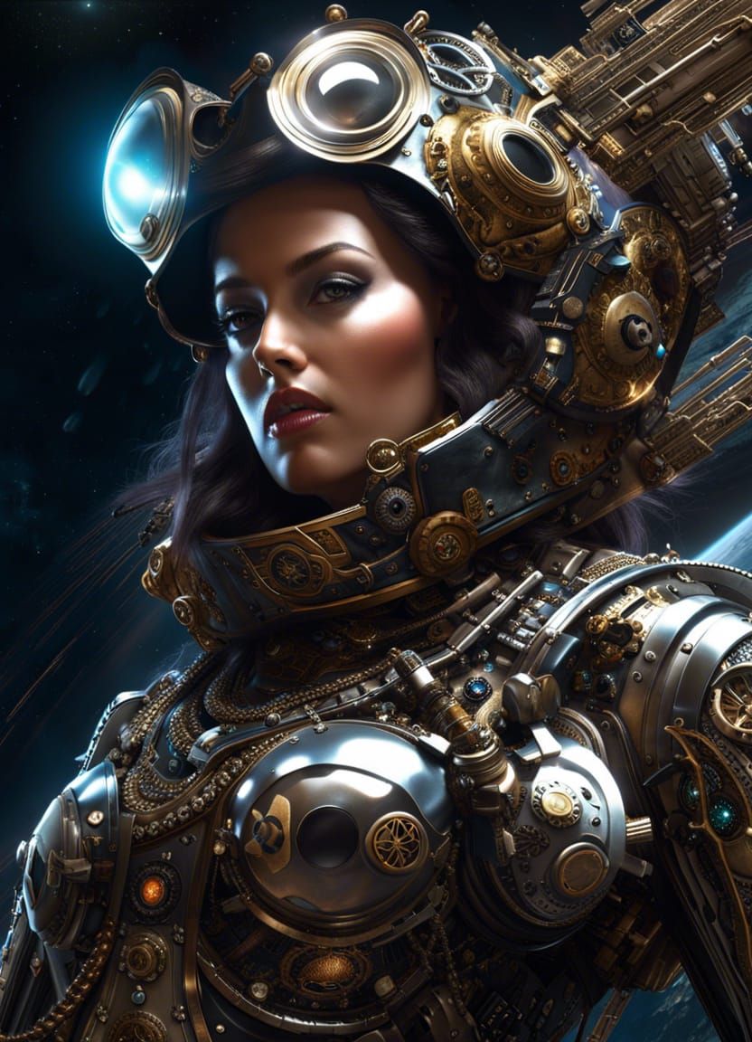 Sensual Female Space Pirate in Steel Spacesuit