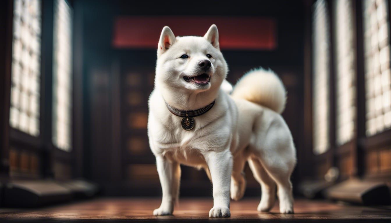 Kung-Fu fighting white Shiba Inu in traditional Japanese palace. intricate details, HDR, beautifully shot, hyperrealisti...