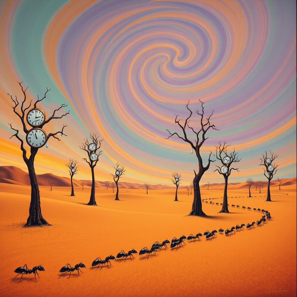 Surreal Desert Landscape with Melting Clocks