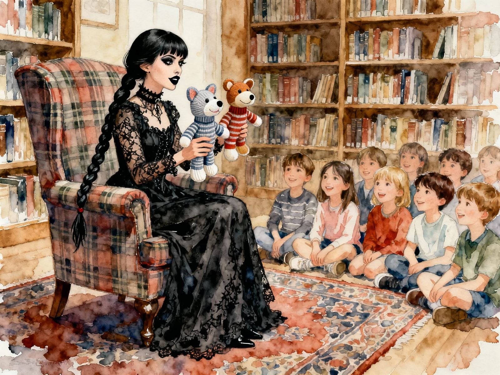 Goth Girl's Sock Puppet Show in Library Watercolor Art