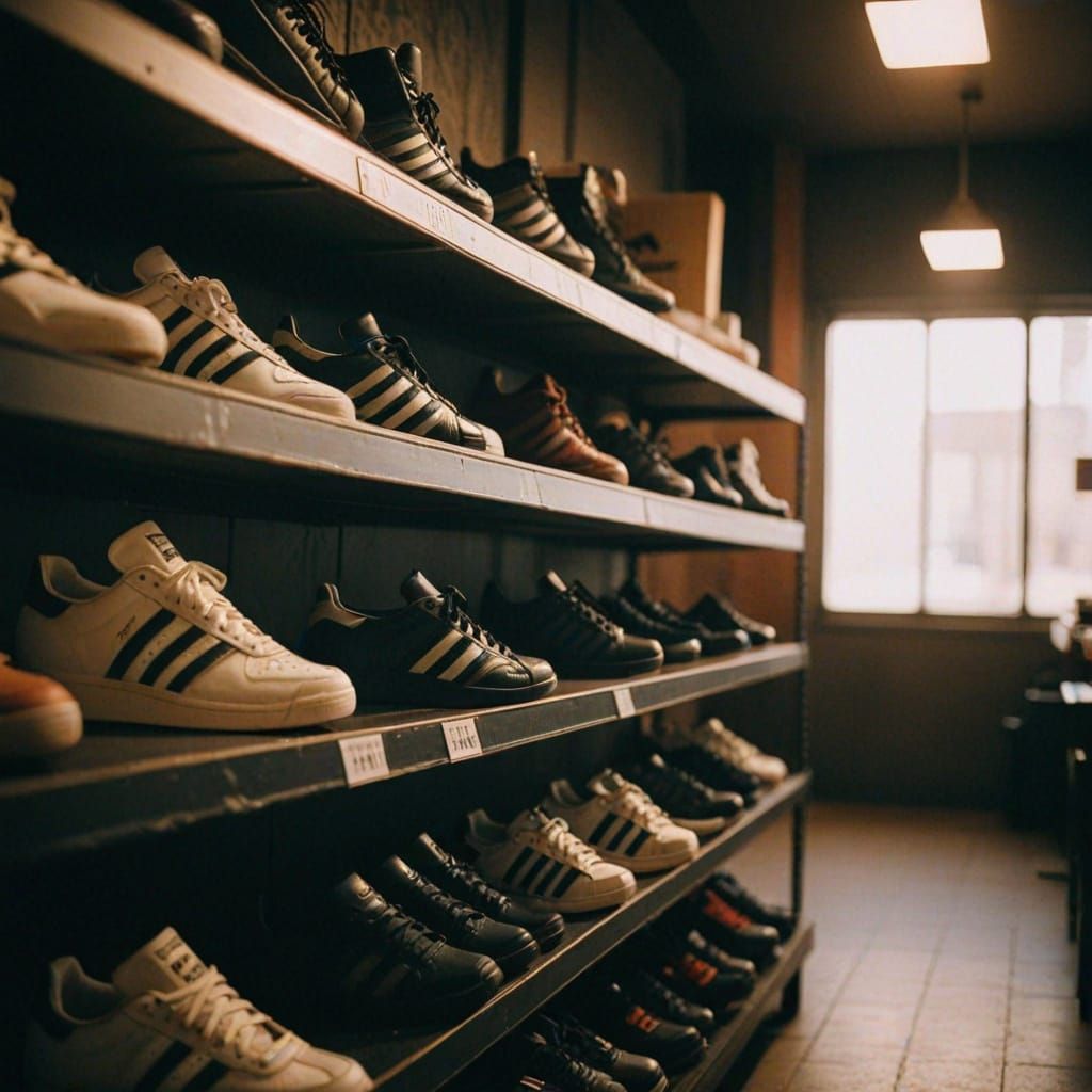 Sneakers on a Shelf, Captured in Moody Cinematic Style