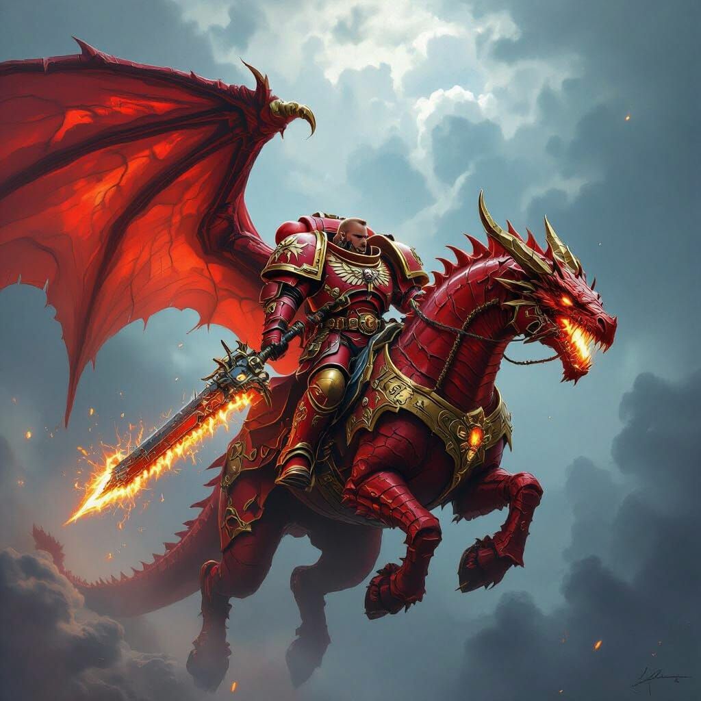 Warhammer Space Marine Rides Fiery Dragon in Stormy Sky