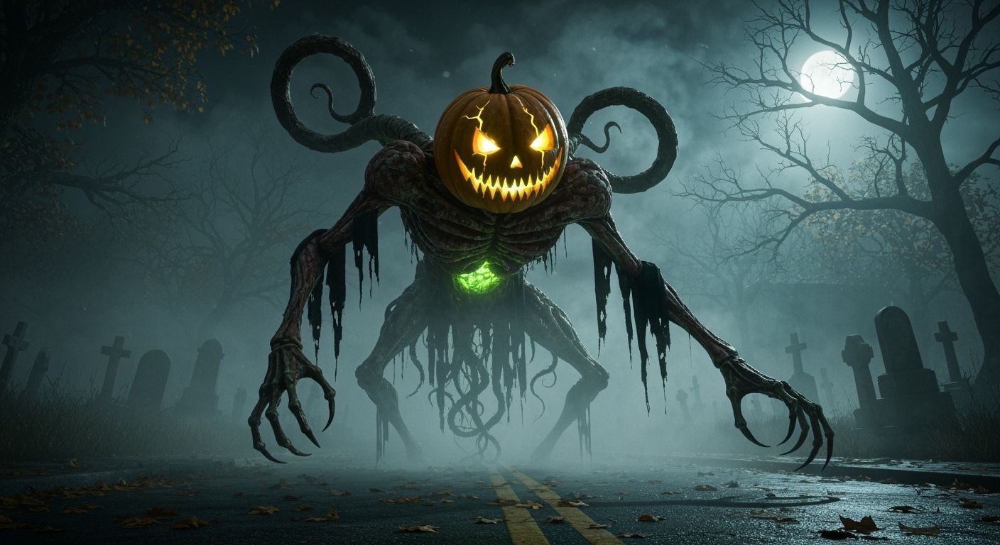 Horror Halloween Creature in Midnight Fog