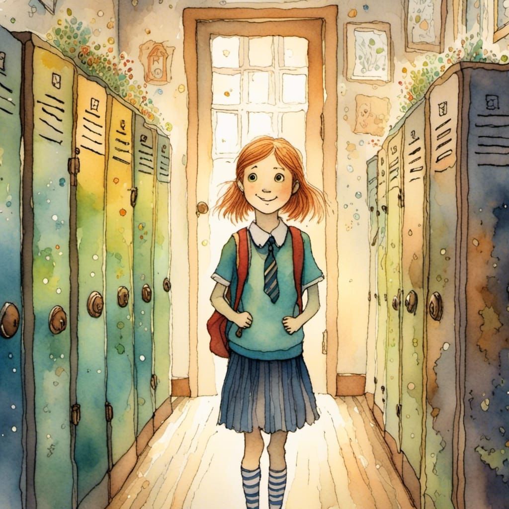 Watercolor Portrait of Smiling Student in School Hallway