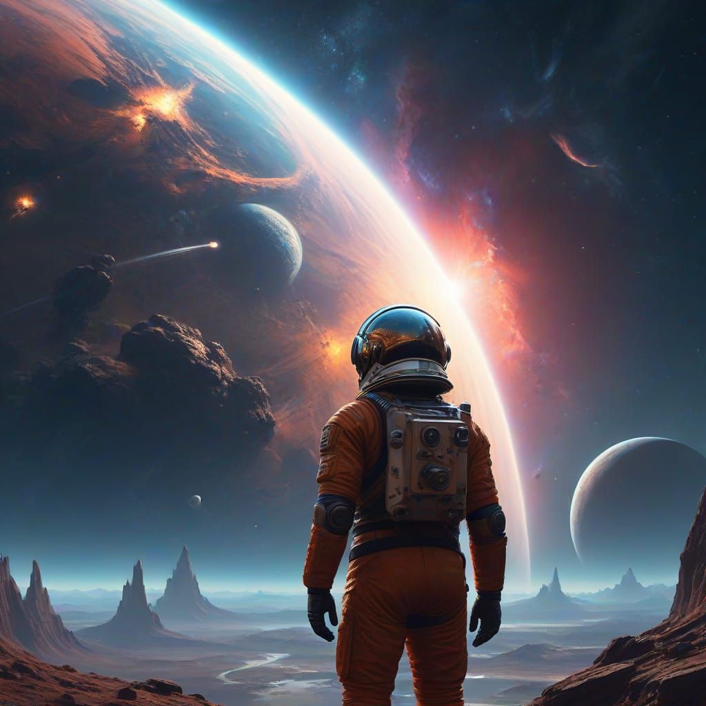 Astronaut Views Alien City in Cosmic Nebula