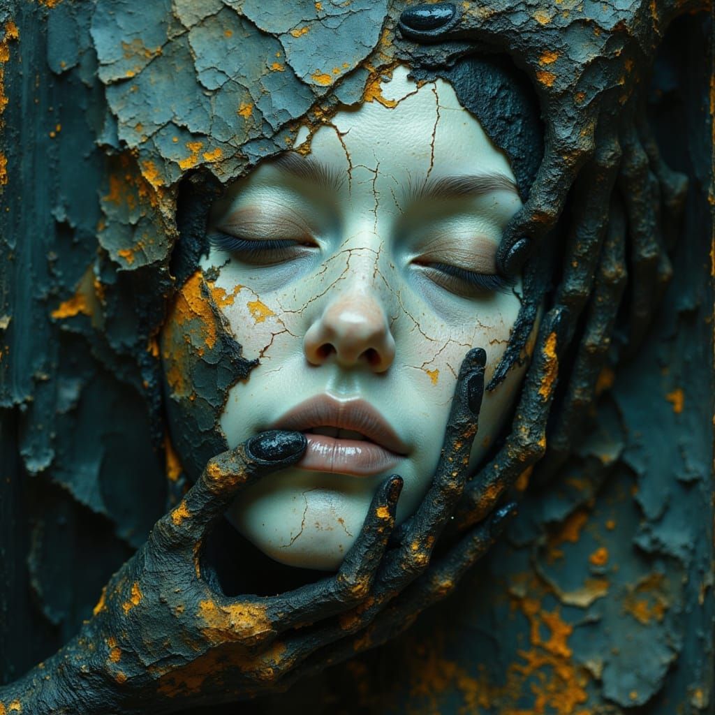 Eerie Face Emerging from Darkness as Oil Painting