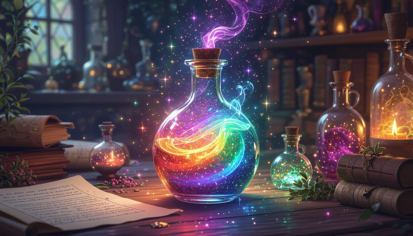Rainbow Magical Potion Shimmers in Ornate Flask