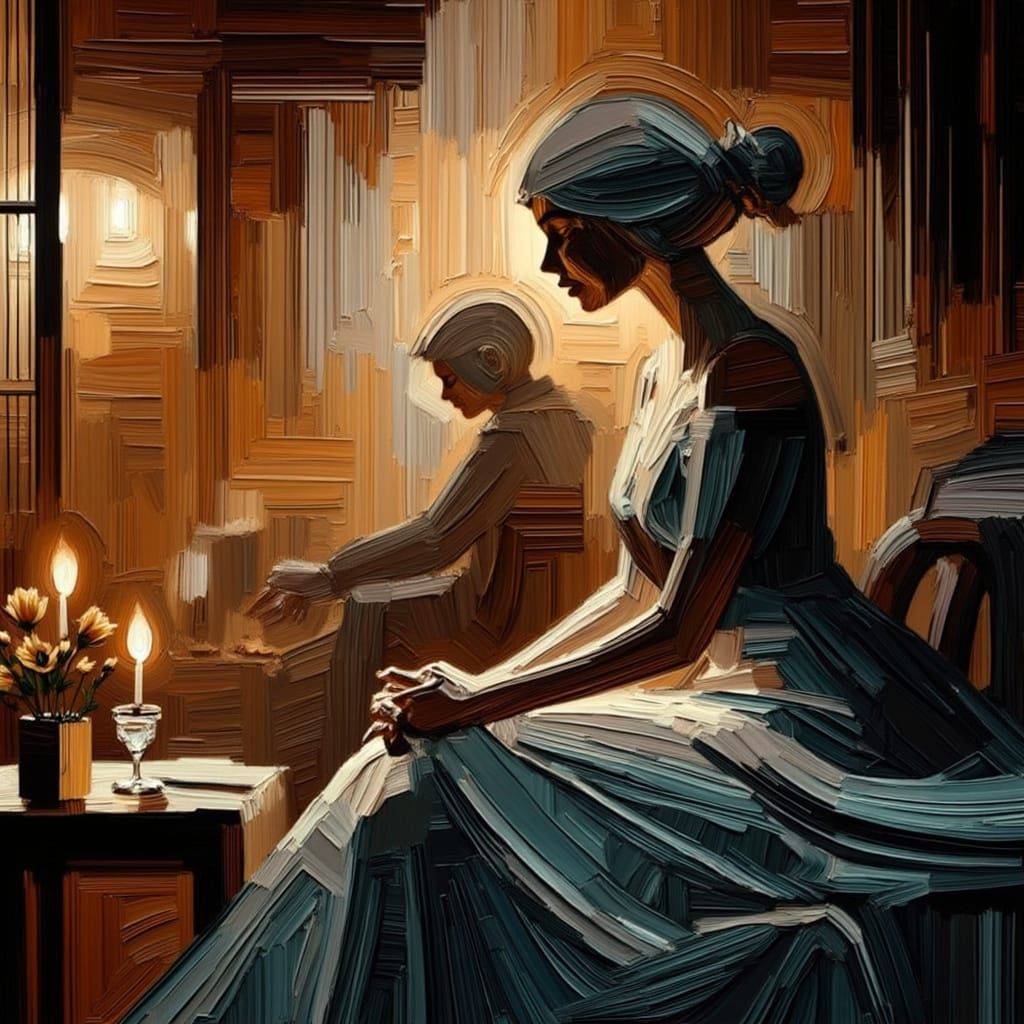 Elegant Woman in Night Cafe Illuminated by Soft Digital Ligh...