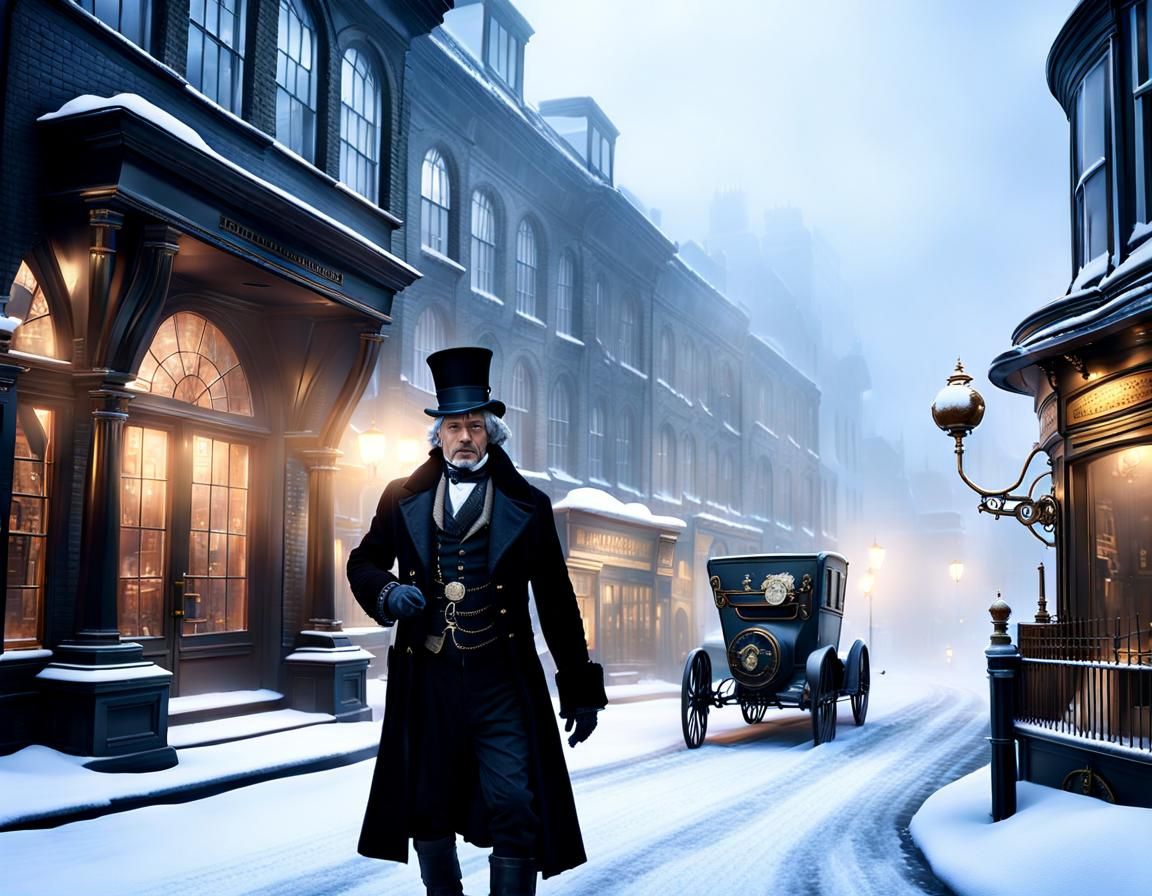 Steampunk Ebenezer Scrooge in Winter Cityscape