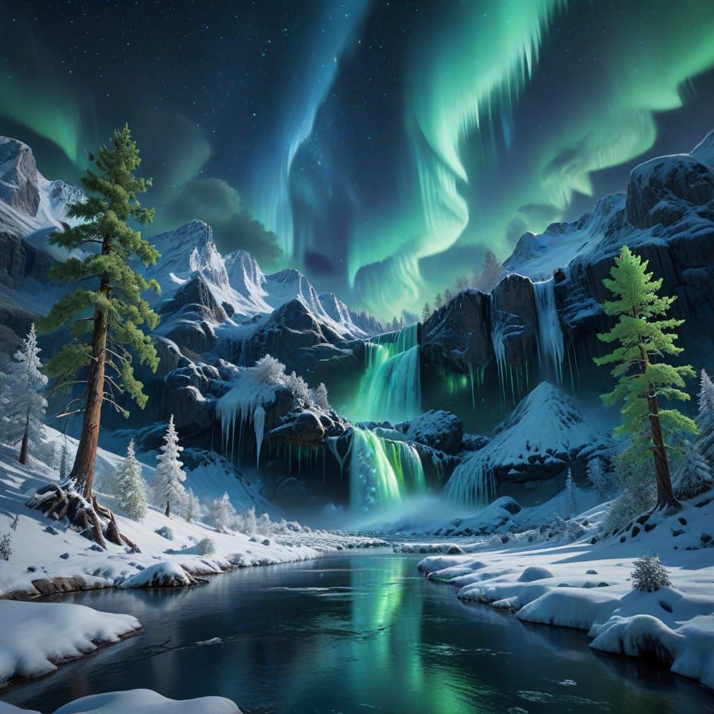 Dazzling Northern Lights Dance Above Frozen Waterfall in Epi...