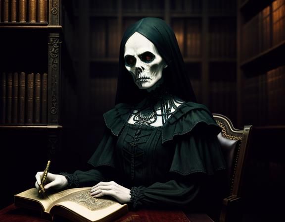 Eerie Gothic Library Scene in Surrealist Style