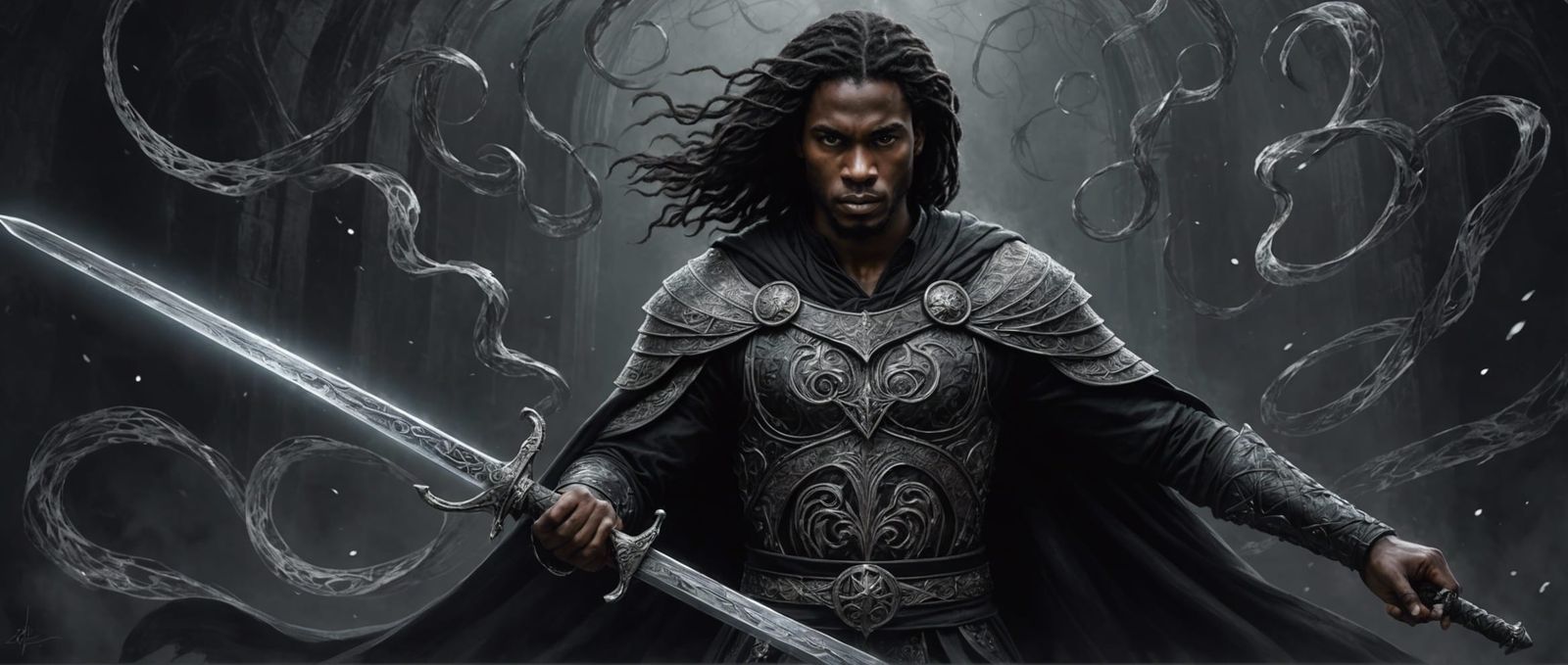 Nubian Man with Slavic Sword in Ethereal Starscape