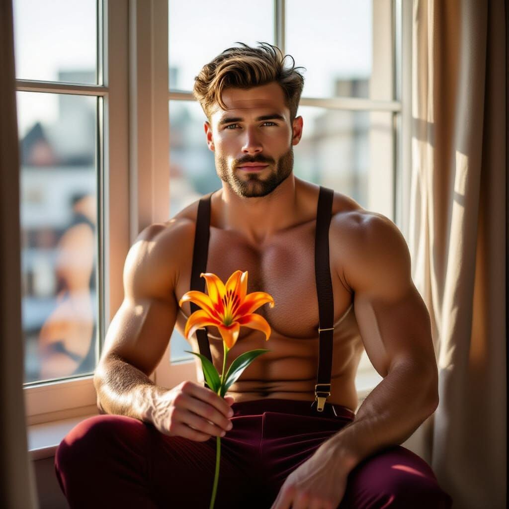 Man with Lily in Softly Lit Urban Apartment