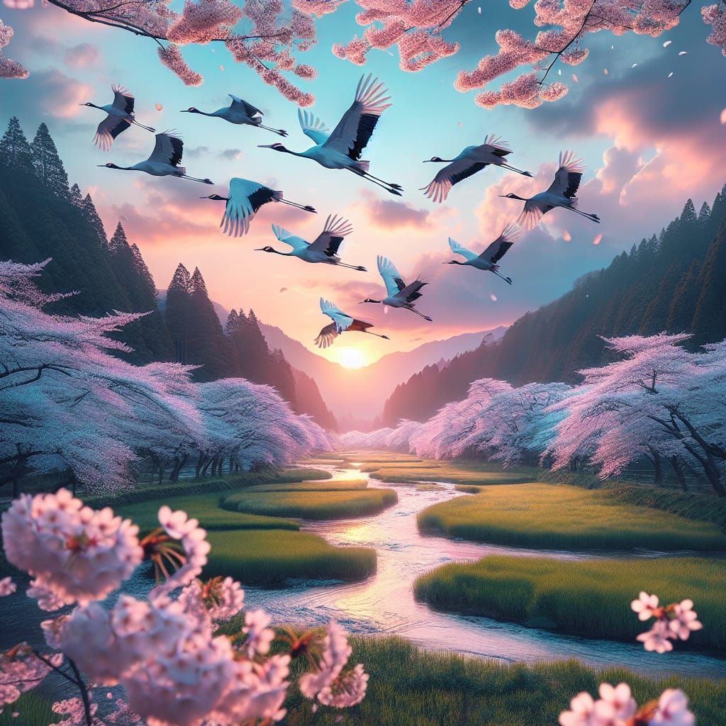 Cranes Soaring Over Cherry Blossoms at Sunset