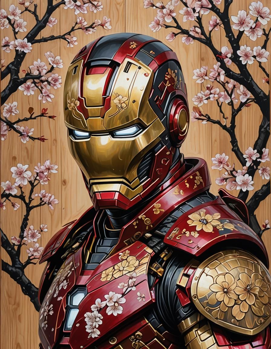Samurai Iron Man Portrait on Wood Block