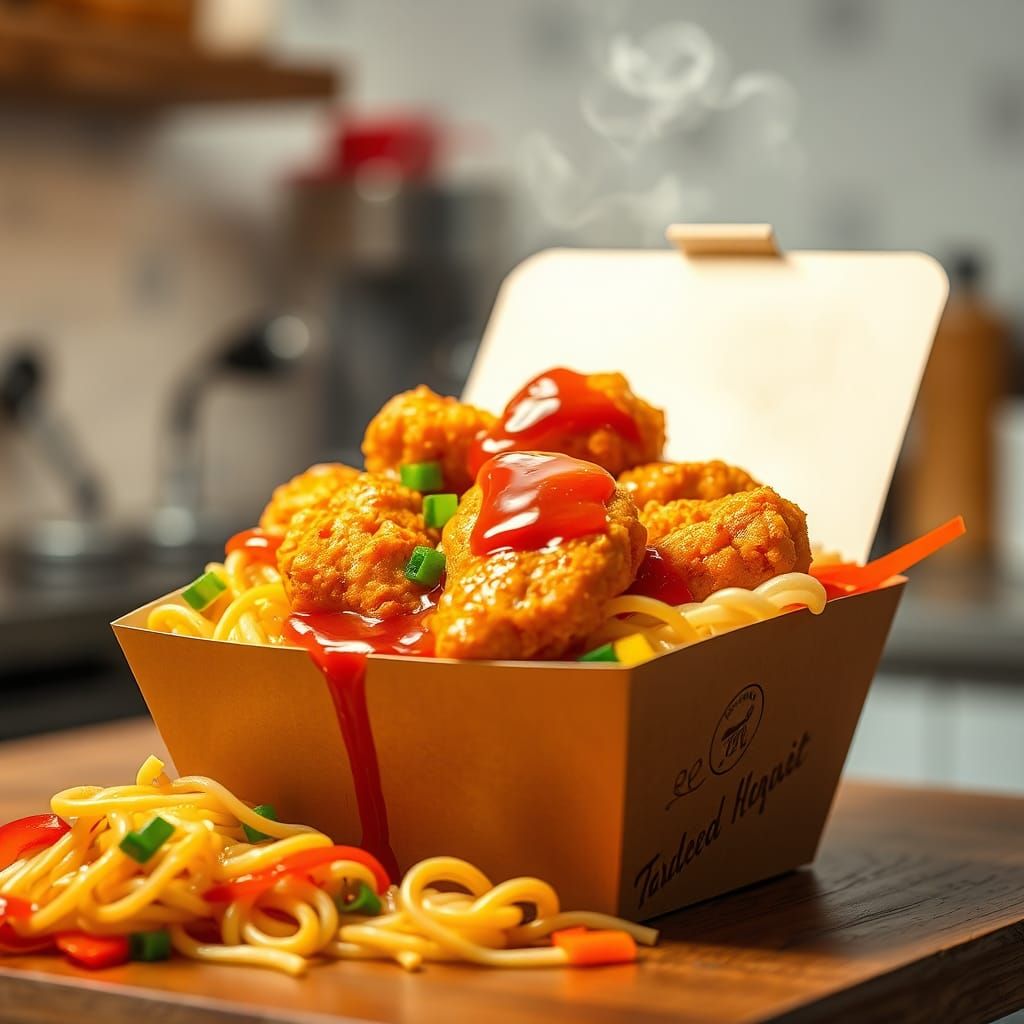 Chinese Takeout Box with Chicken Nuggets, Professional Photo