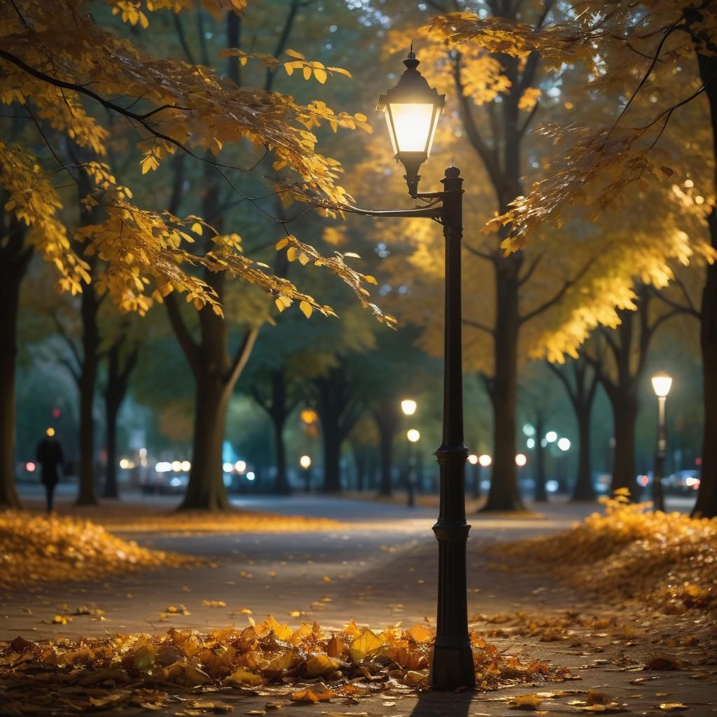 Autumn Night: Street Lamp in City Park