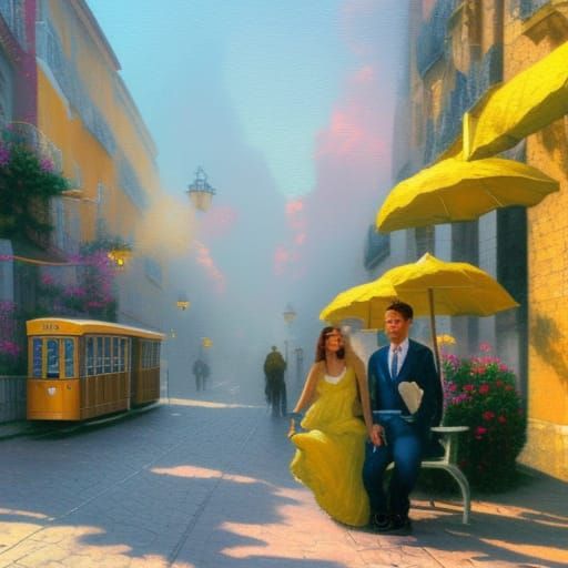 Lisbon Couple with Yellow Tram in Luminist Style