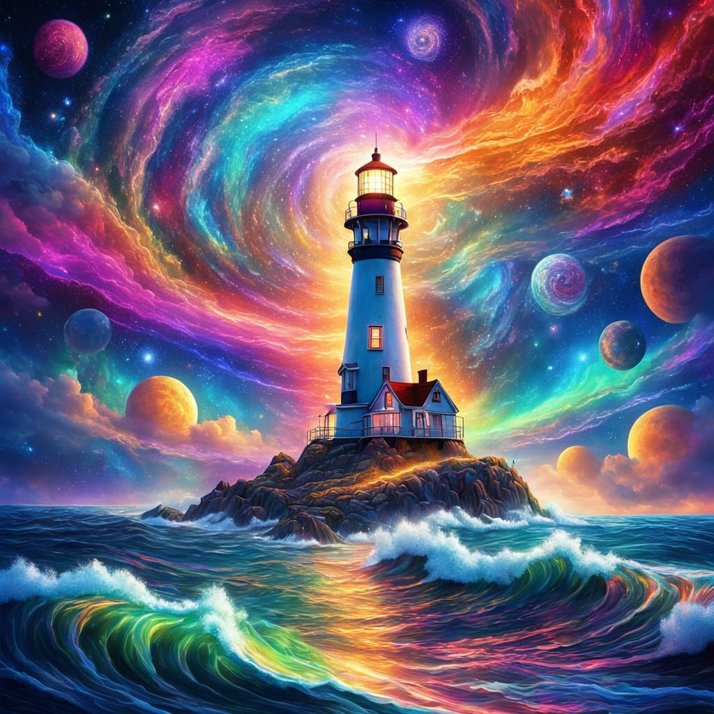 Psychedelic Cosmic Lighthouse in Surreal Sky