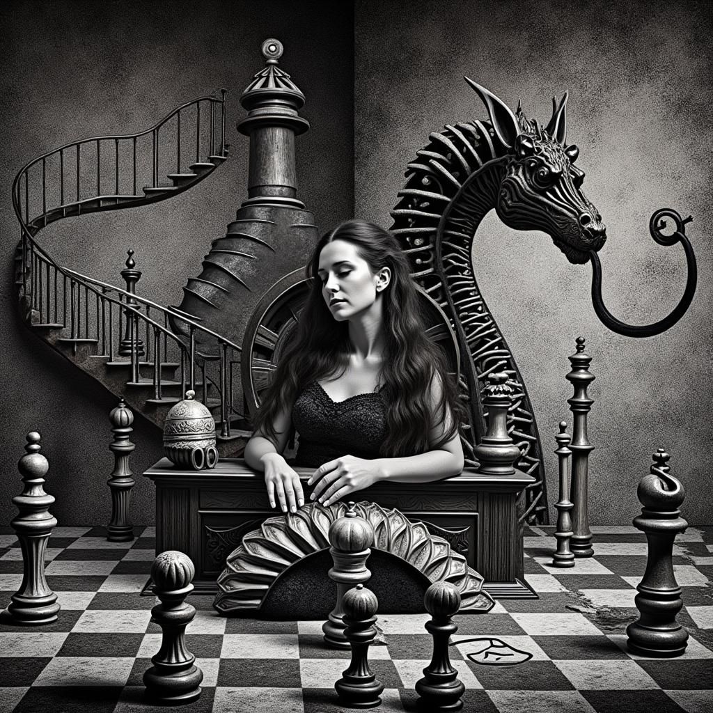 Surreal Chessboard in Uncanny Valley, Steampunk Elements