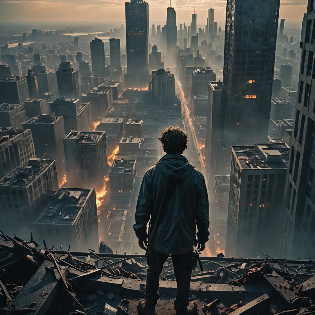 Survivor Overlooks Zombie Cityscape: Cinematic Film Still