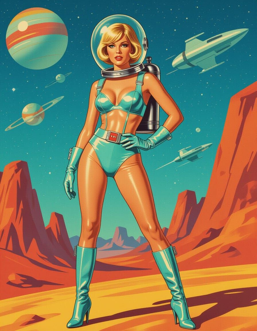 Retro Sci-Fi Astronaut in Transparent Spacesuit