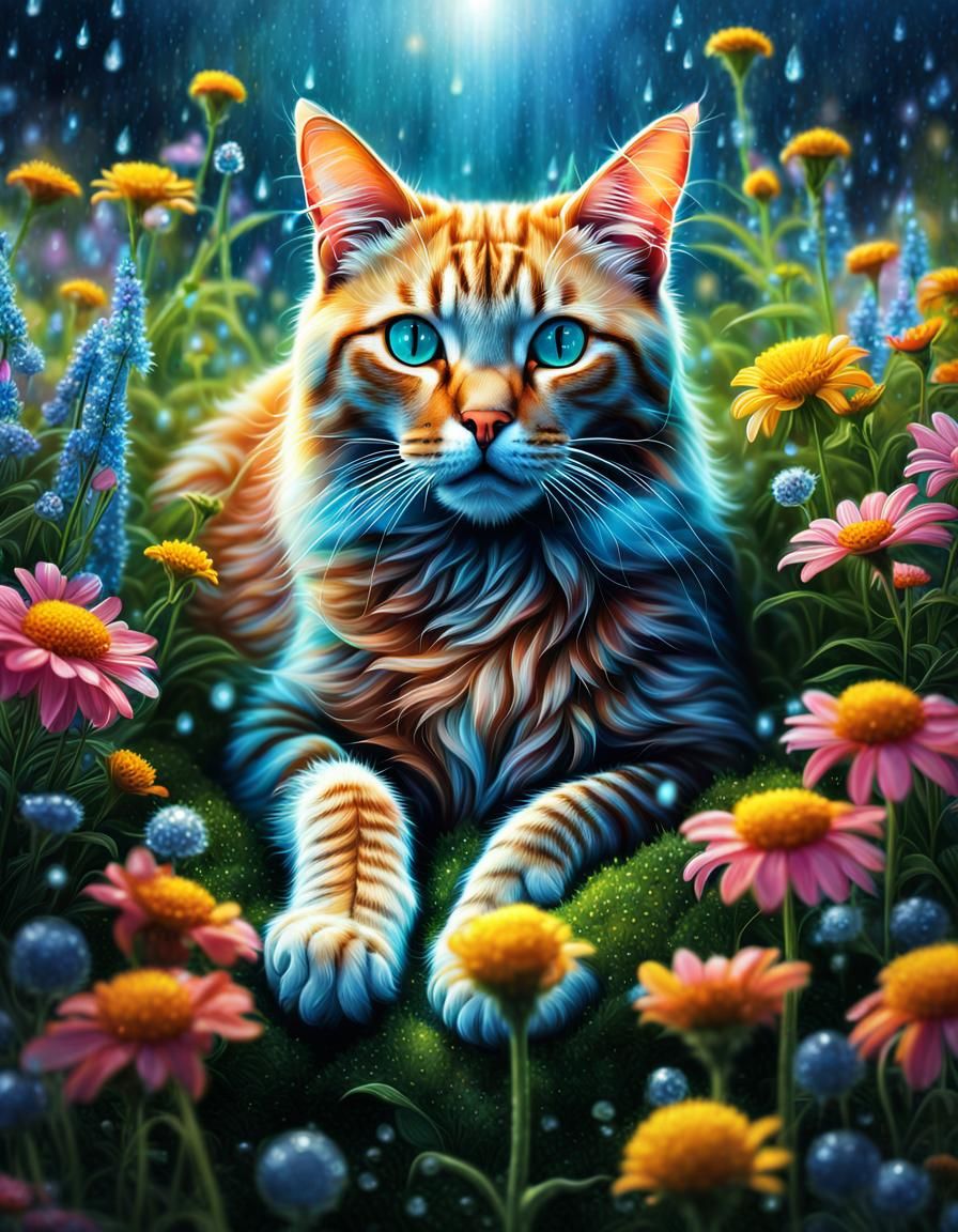 Cat Sunning in Wildflowers: Holographic Astral Portrait