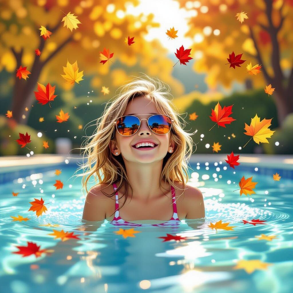 Blonde Girl with Sunglasses Tosses Autumn Leaves by Pool