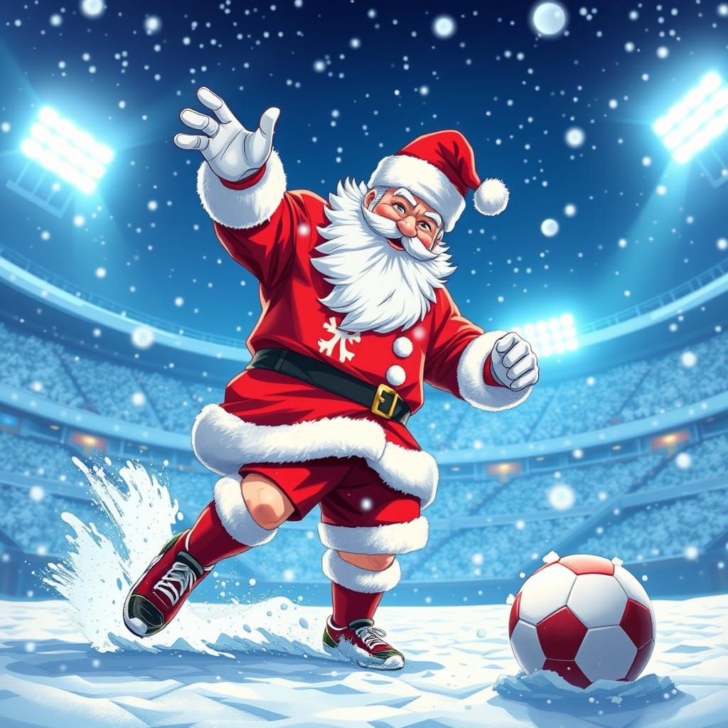 Jovial Santa Claus Hero in Snowy Stadium
