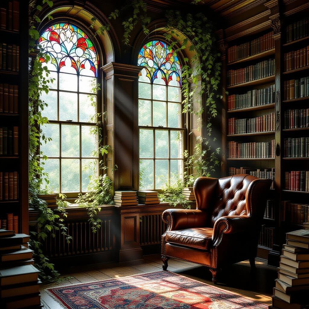 Enchanted Moss-Covered Library Bathed in Sunlight