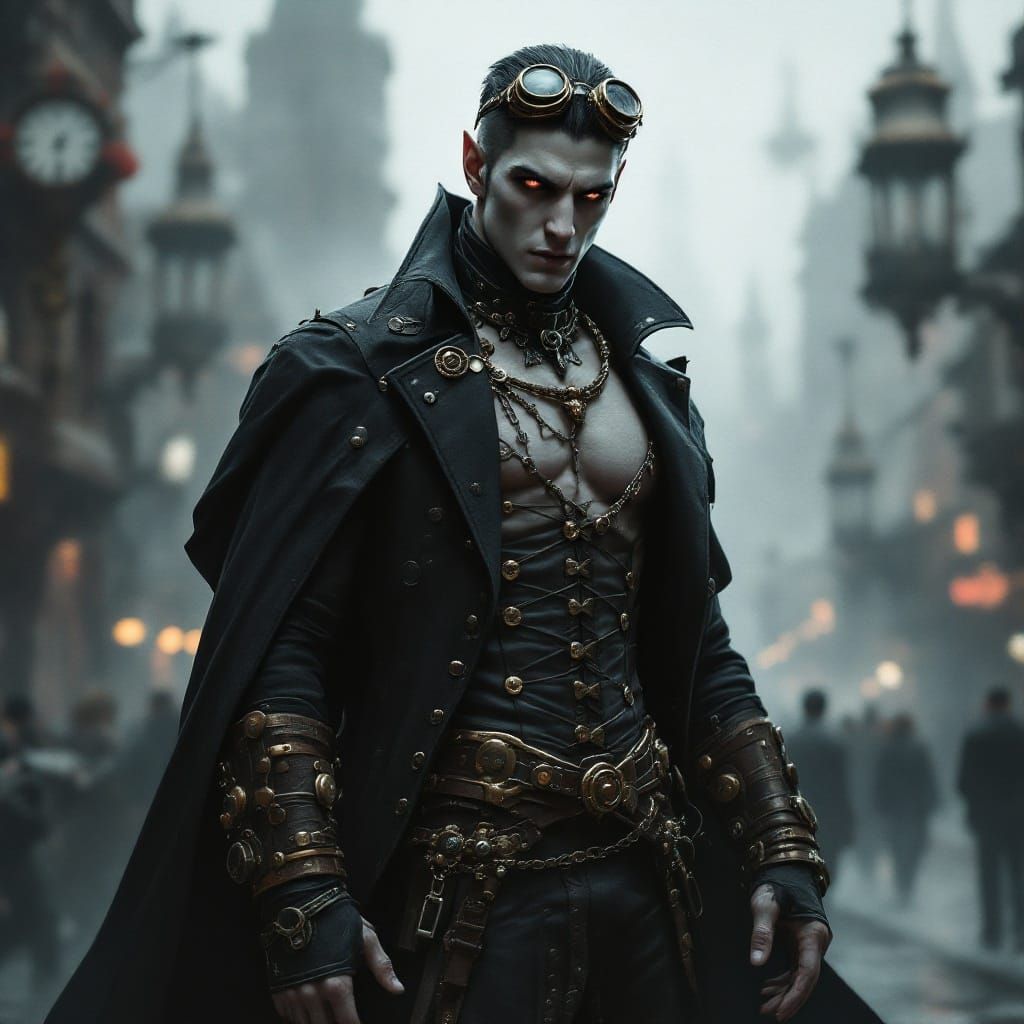 Mysterious Vampire in Victorian-Era Steampunk Cityscape