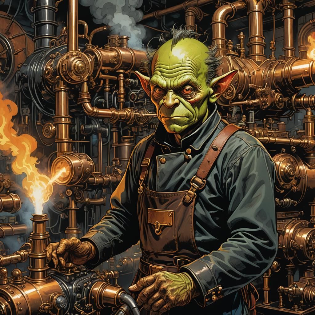 Steampunk Goblin Mechanic in Comic Book Art Style