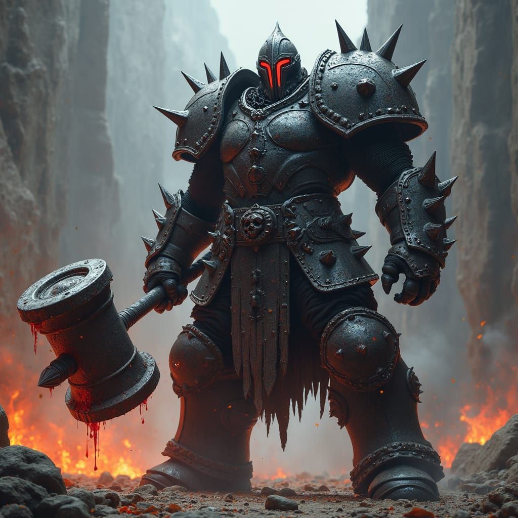 Imposing Warlord in Black Armor with War Hammer